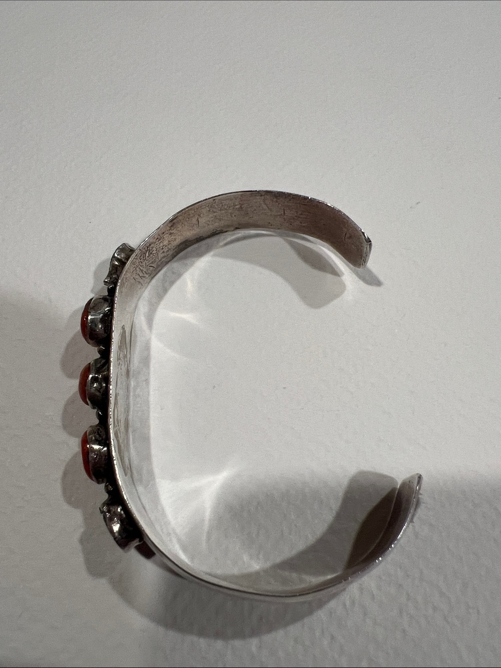 Native American Sterling Silver Orange Coral and Turquoise Cuff Bracelet - Picture 8 of 9
